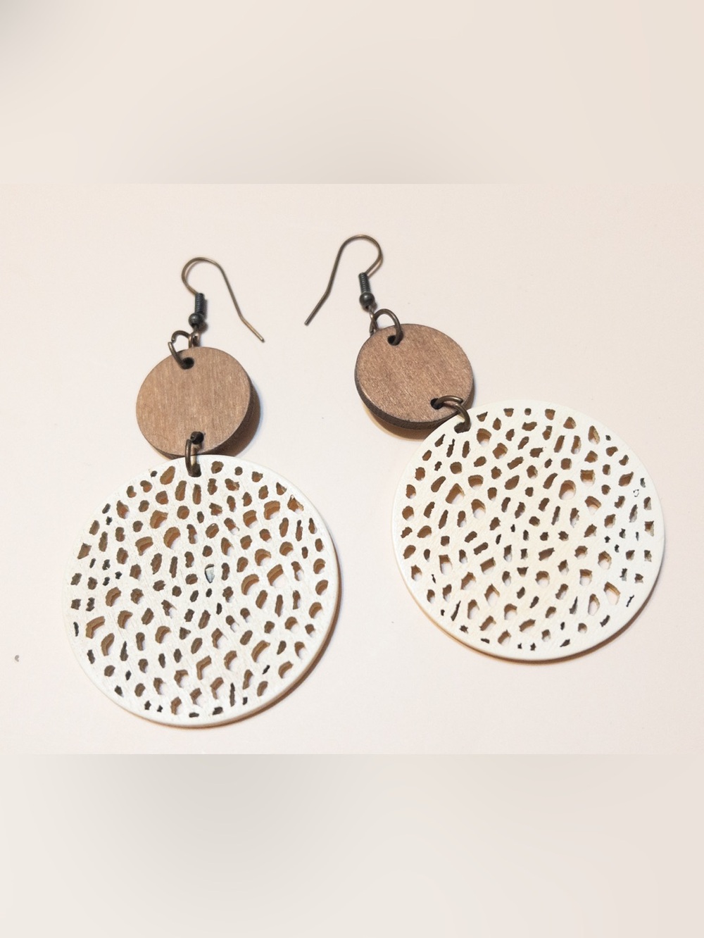 Boho Wood Statement Earrings White Mandala Cutout Dangle Drop Earrings